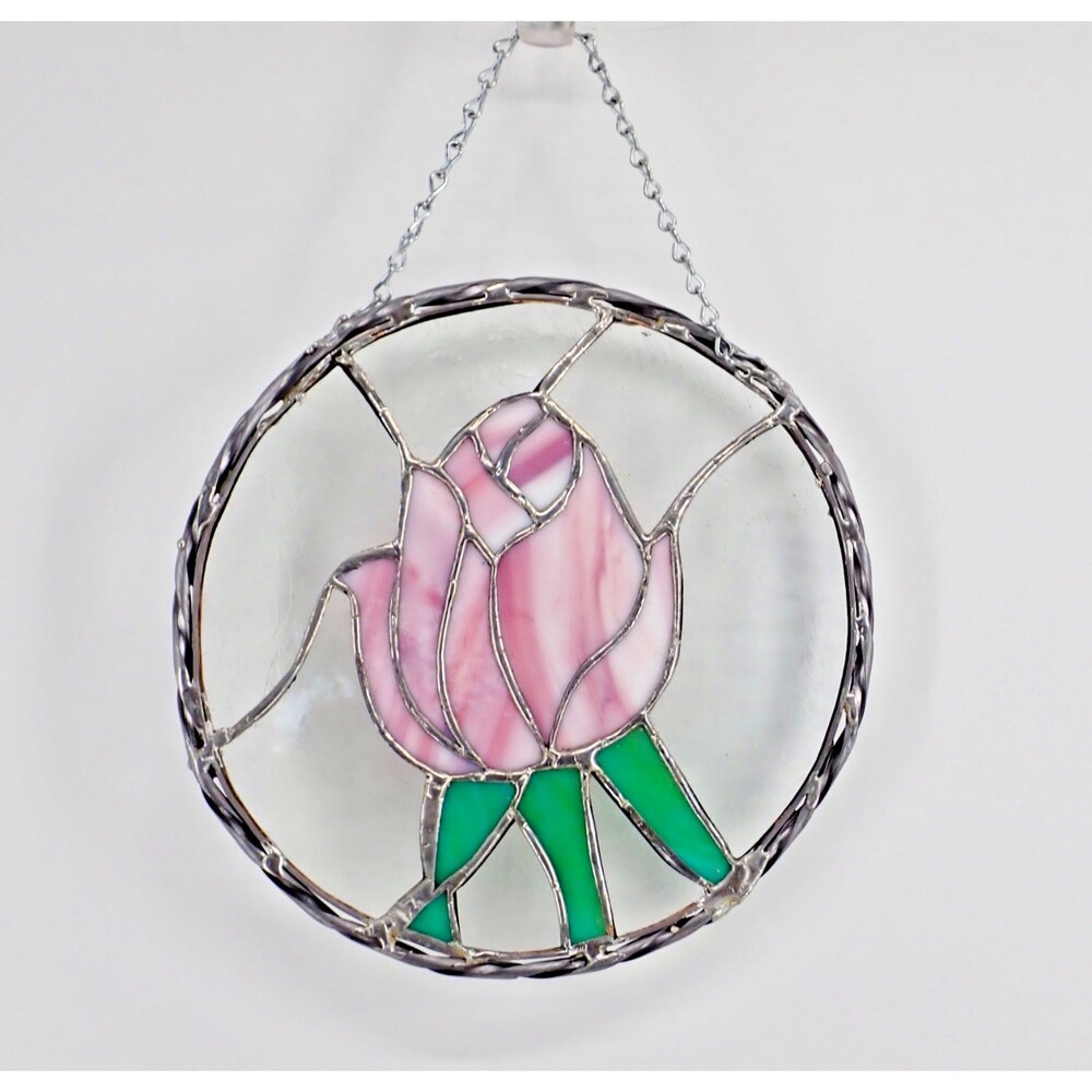 Stained Glass Sun Catcher Pink Rose Green Stem Round Floral 9.5" Lovely Gift